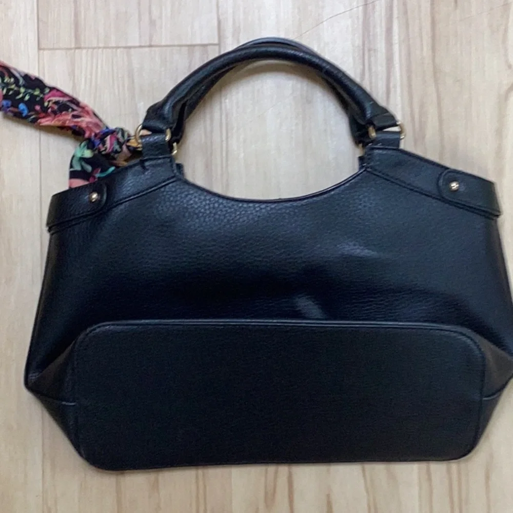 Anne Klein Elegant Pebbled Black Vegan Leather‎ Handbag With Floral Accent Scarf